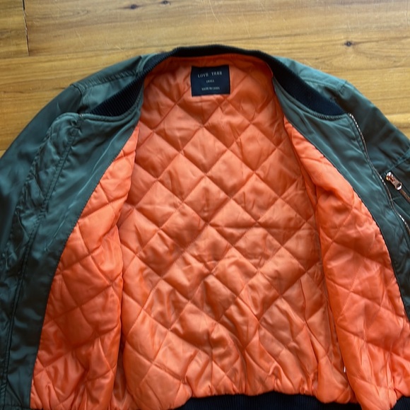 Love Tree Women’s Bomber Jacket Olive Green Orange Lining Pockets - Picture 4 of 4